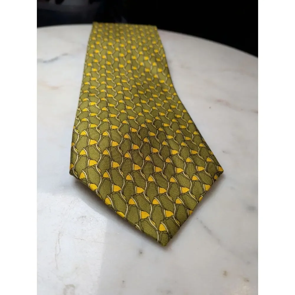 Vintage Gucci 100% Silk Tie Olive Green Yellow Geometric Designer Neck Tie